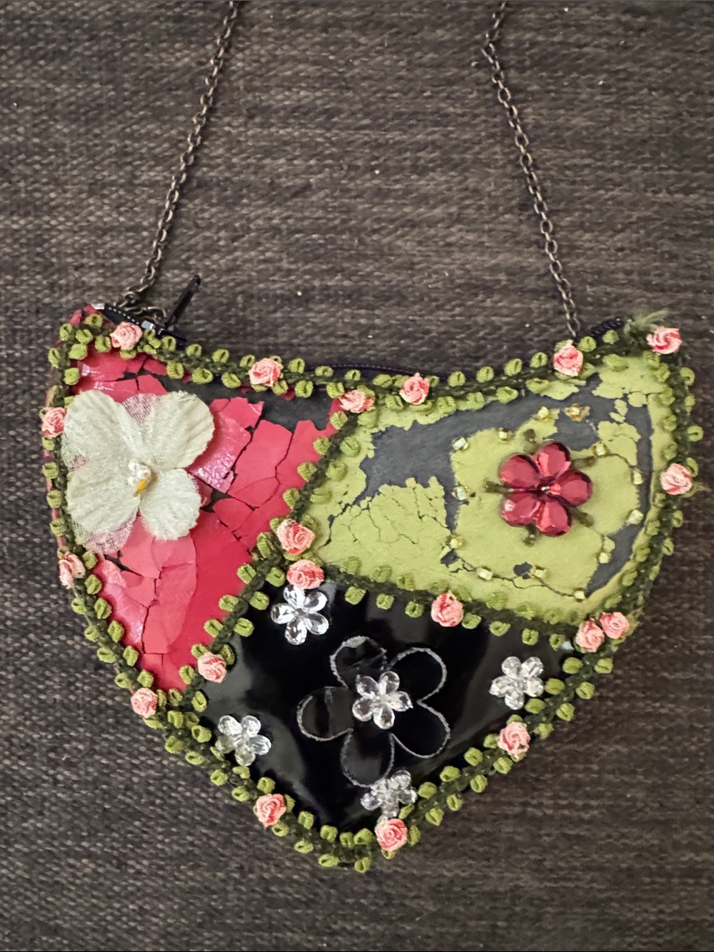 Vintage Mary Frances Floral Patchwork Beaded Crossbody Bag - Pink, Lime & Black - Picture 3 of 3